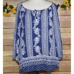 Fred David Blue Floral Print Blouse Ladies XL Lightweight Rayon Top Casual Top